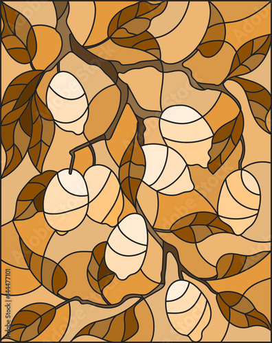ilustracja-w-stylu-witraza-z-galezi-drzewa-cytrynowego-galezi-i-lisci-owocow-na-tle-nieba-brazowy-ton