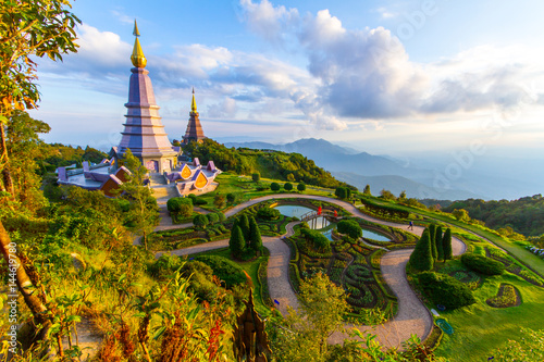 Poster Pagodas for Thailand's King and Queen on Doi Inthanon National Park in Chiang Ma