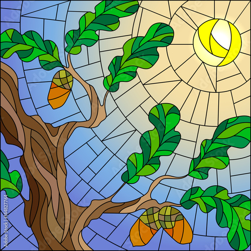 ilustracja-w-witrazu-stylu-z-zielonymi-galaz-debowy-drzewo-na-nieba-sloncu-i-tle