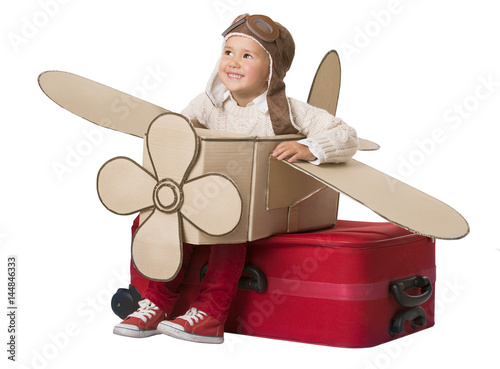 Kid Travel on Toy Airplane, Child Sitting on Vacation Suitcase, Luggage Fly as Plane, Baby playing Pilot