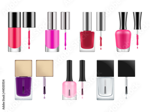 set of realistic vector packages for nail polish opened transparent