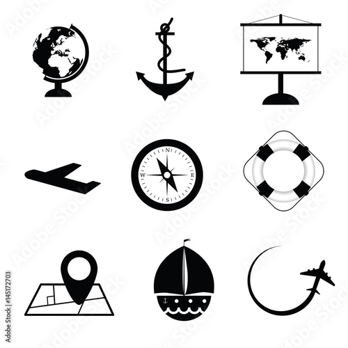 travel icon set in black and white color illustration