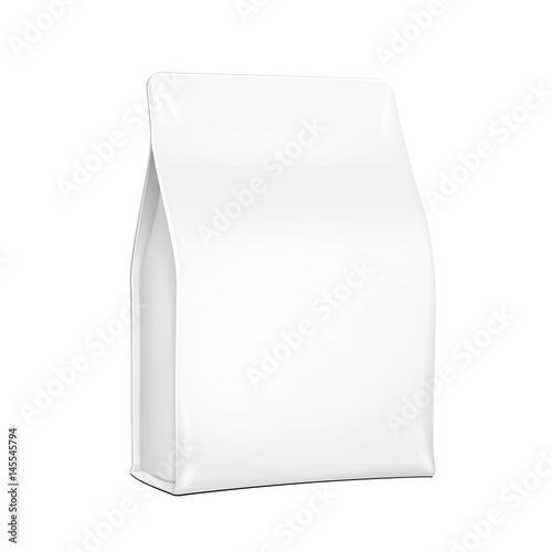 White Plastic, Foil Paper Food Bag Package Of Coffee, Spices Or Flour. Grayscale. Illustration Isolated On White Background. Mock Up Template Ready For Your Design. Product Packing Vector EPS10