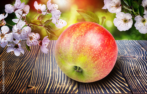 Apples with flowers on  wooden background
