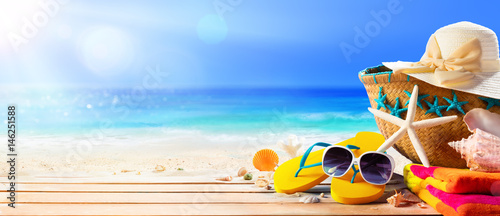 Beach Accessories On Deck Beach - Summer Holidays
