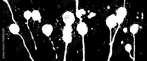  Ink splash, strokes and stains background. Paint splatter. White blots on black. Abstract black and white vector illustration. Grunge template. 