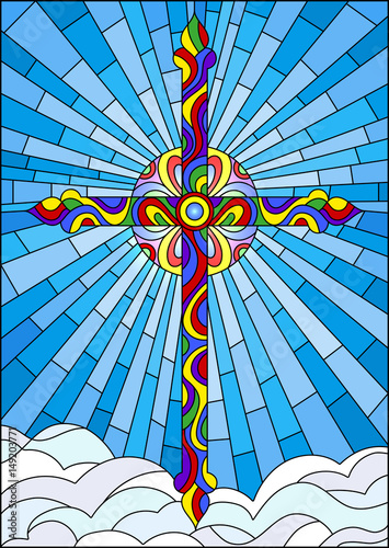 ilustracja-w-witrazu-stylu-z-jaskrawym-krzyzem-na-tle-niebieskie-niebo-i-chmury