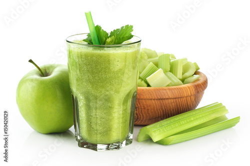 Detox smoothie with celery and apple on a white background.