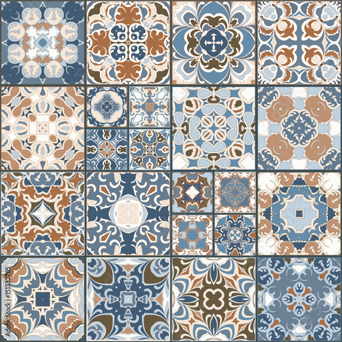Fototapeta A collection of ceramic tiles in retro colors. A set of square patterns in ethnic style. Vector illustration.