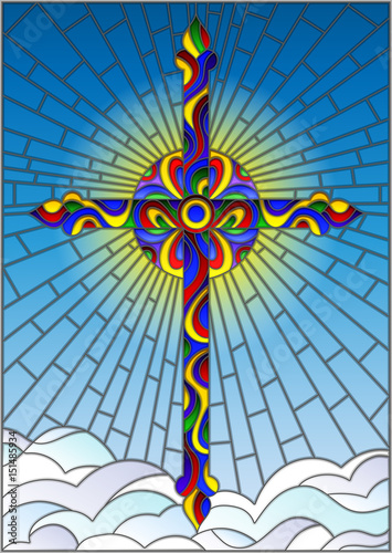 illustration-in-stained-glass-style-with-bright-cross-on-a-background-of-blue-sky-and-clouds