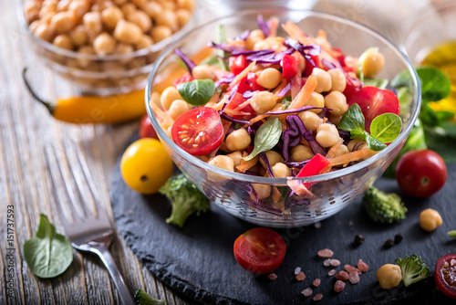 Healthy homemade chickpea and veggies salad, diet, vegetarian, vegan food