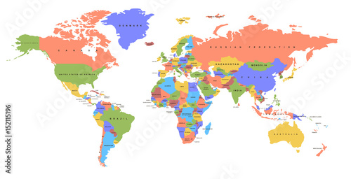 Lacobel Color world map with the names of countries. Political map. Every country is isolated.
