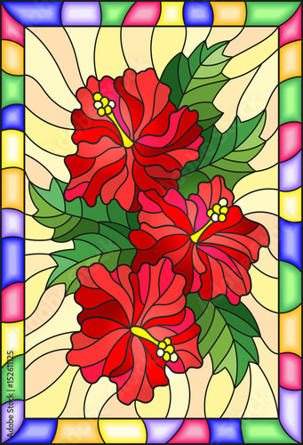 ilustracja-w-stylu-witrazu-z-kwiatow-i-lisci-hibiskusa-na-zoltym-tle-z-jasnym-ramki