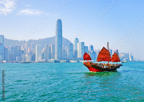 Poster View of Hong Kong skyline with a red Chinese sailboat passing on the Victoria Harbor in a sunny day