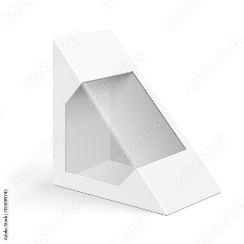 White Cardboard Triangle Box Packaging For Sandwich, Food, Gift Or Other Products. Illustration Isolated On White Background. Mock Up Template Ready For Your Design. Product Packing Vector EPS10