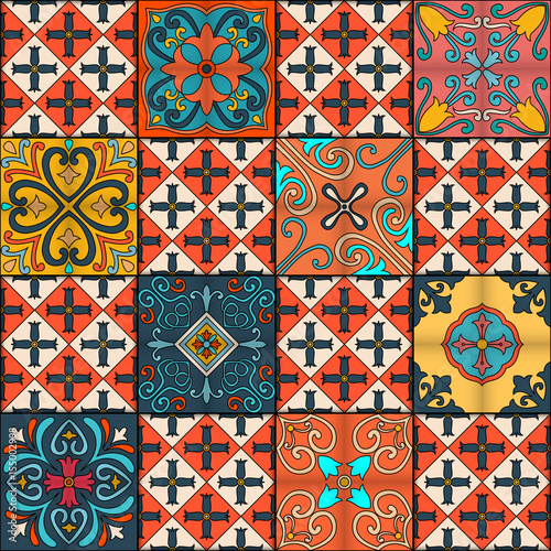  Seamless pattern with portuguese tiles in talavera style. Azulejo, moroccan, mexican ornaments.