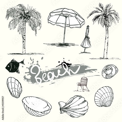 Hand Drawn Set Ilrations Silhouette Of Palm Trees Beach Hand Drawn Set Ilrations Silhouette Of Palm Trees Beach Umbrella Chair Seashells