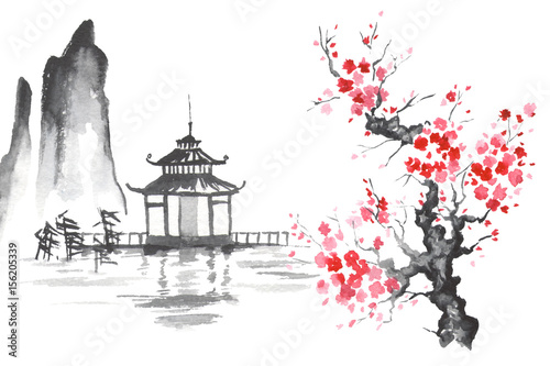 japonia-tradycyjne-japonskie-malarstwo-sumi-e-sztuki-sakura-temple