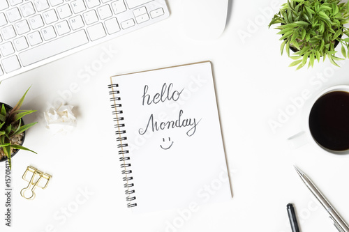 Notebook page with hello monday text. Top view, flat lay.