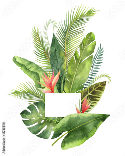 tropische-blatter-und-niederlassungen-des-aquarellblumenstrauses-lokalisiert-auf-weisem-hintergrund
