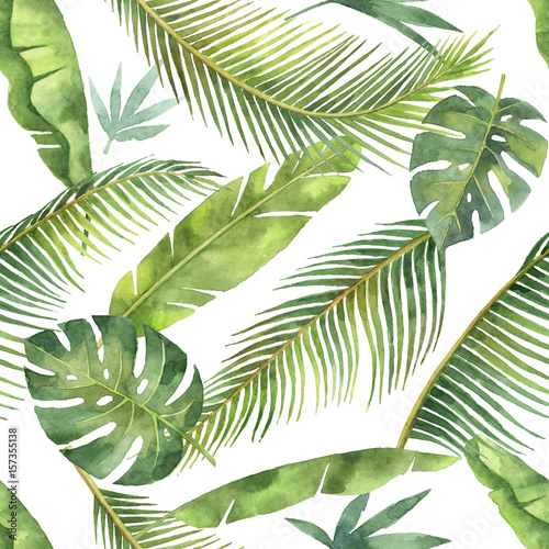 Fototapeta Watercolor seamless pattern with tropical leaves and branches isolated on white background.