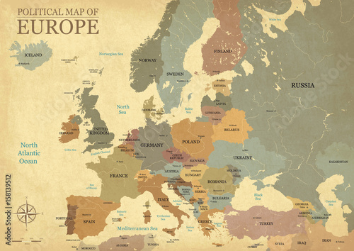 Obraz Fotograficzny Map of Europe with capitals - Vintage texture - English/US language - Vector CMYK
