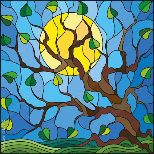 illustration-in-stained-glass-style-with-tree-on-sky-background-and-sun