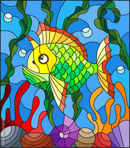 illustration-in-stained-glass-style-with-abstract-colorful-exotic-fish-amid-seaweed-coral-and-shells
