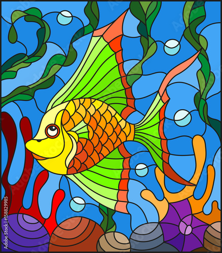 illustration-in-stained-glass-style-with-abstract-colorful-exotic-fish-amid-seaweed-coral-and-shells