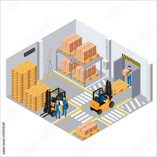 Working process in the warehouse, loaders and pallets with boxes, employees perform their duties, marking on the floor