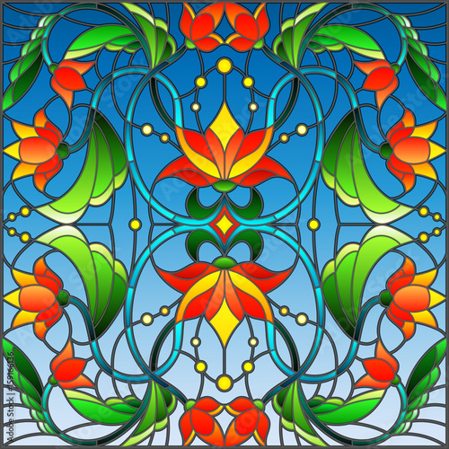 illustration-in-stained-glass-style-with-abstract-swirls-flowers-and-leaves-on-a-blue-background