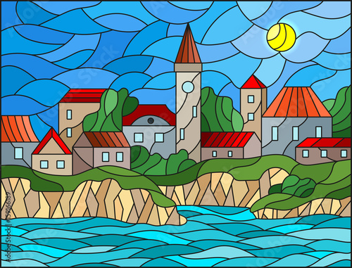 illustration-in-stained-glass-style-with-river-and-city-on-the-background-of-the-daytime-sky-and-the-sun
