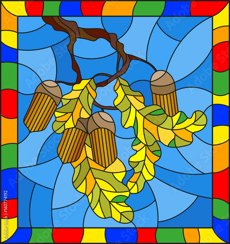 illustration-in-stained-glass-style-with-oak-branch-with-acorns-and-leaves-leaf-on-blue-background-in-a-bright-frame