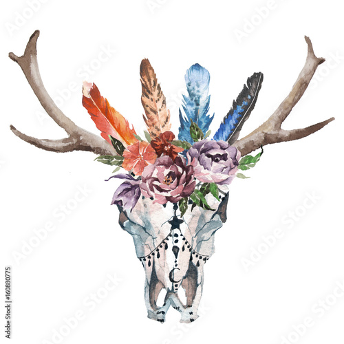 Lacobel Watercolor isolated bull's head with flowers and feathers on white background. Boho style. Skull for wrapping, wallpaper, t-shirts, textile, posters, cards, prints