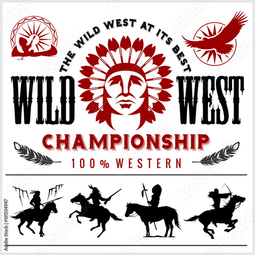 Fototapeta Wild West. Native american chief head illustration. Design elements for logo, label, emblem,sign.