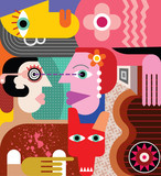 Three women with a dog