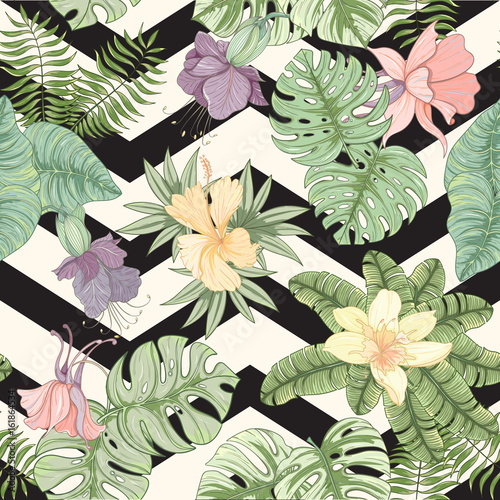  Seamless tropical palm leaves and flowers pattern