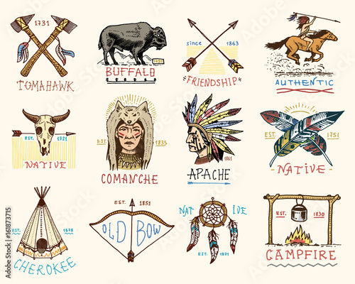  set of engraved vintage, hand drawn, old, labels or badges for indian or native american. buffalo, axes and tent, arrows and bow, skull, Dreamcatcher and cherokee, tomahawk.