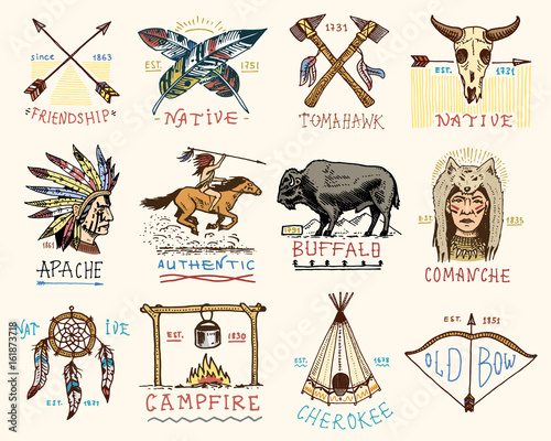  set of engraved vintage, hand drawn, old, labels or badges for indian or native american. buffalo, face with feathers, horse rider, apache or comanche, campfire and authentic.