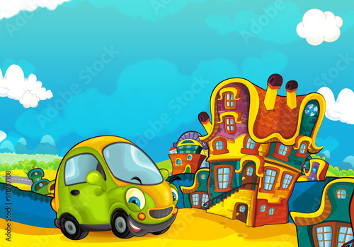 coche-deportivo-de-dibujos-animados-sonriendo-y-mirando-en-el-estacionamiento-ilustracion-para-ninos