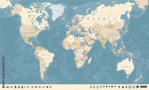Obraz na płótnie Vintage World Map and Markers - Vector Illustration