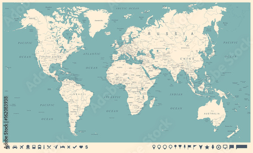  Vintage World Map and Markers - Vector Illustration