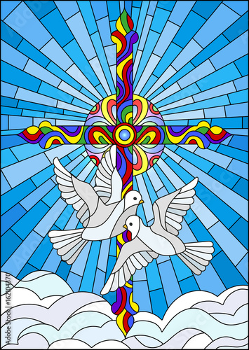 illustration-with-a-cross-and-a-pair-of-white-doves-in-the-stained-glass-style