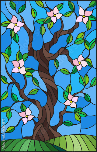 illustration-in-stained-glass-style-with-a-flowering-tree-on-blue-sky-background