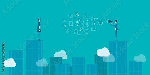 business man speaking with megaphone and two business man communication concept