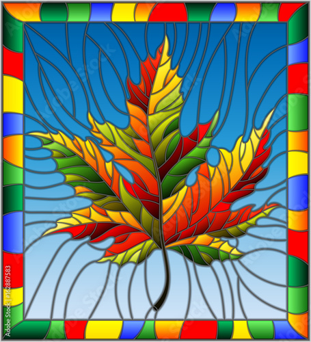 illustration-in-stained-glass-style-with-a-autumn-maple-leaf-on-a-blue-background-in-a-bright-frame