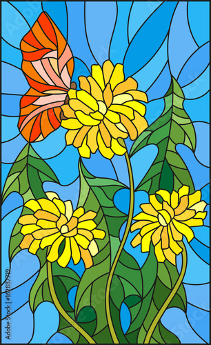 illustration-in-stained-glass-style-flower-of-taraxacum-and-butterfly-on-a-blue-background