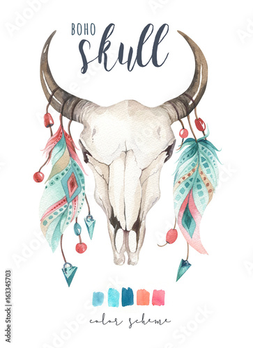 Fototapeta Watercolor bohemian cow skull and feather. Western mammals. Boho hipster deer boho decoration print antlers. flowers, feathers.