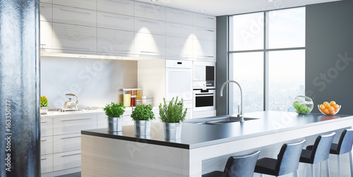 Cucina nuova moderna, arredamento casa, 3d render © ALDECAstudio