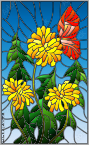 illustration-in-stained-glass-style-flower-of-taraxacum-and-butterfly-on-a-blue-background
